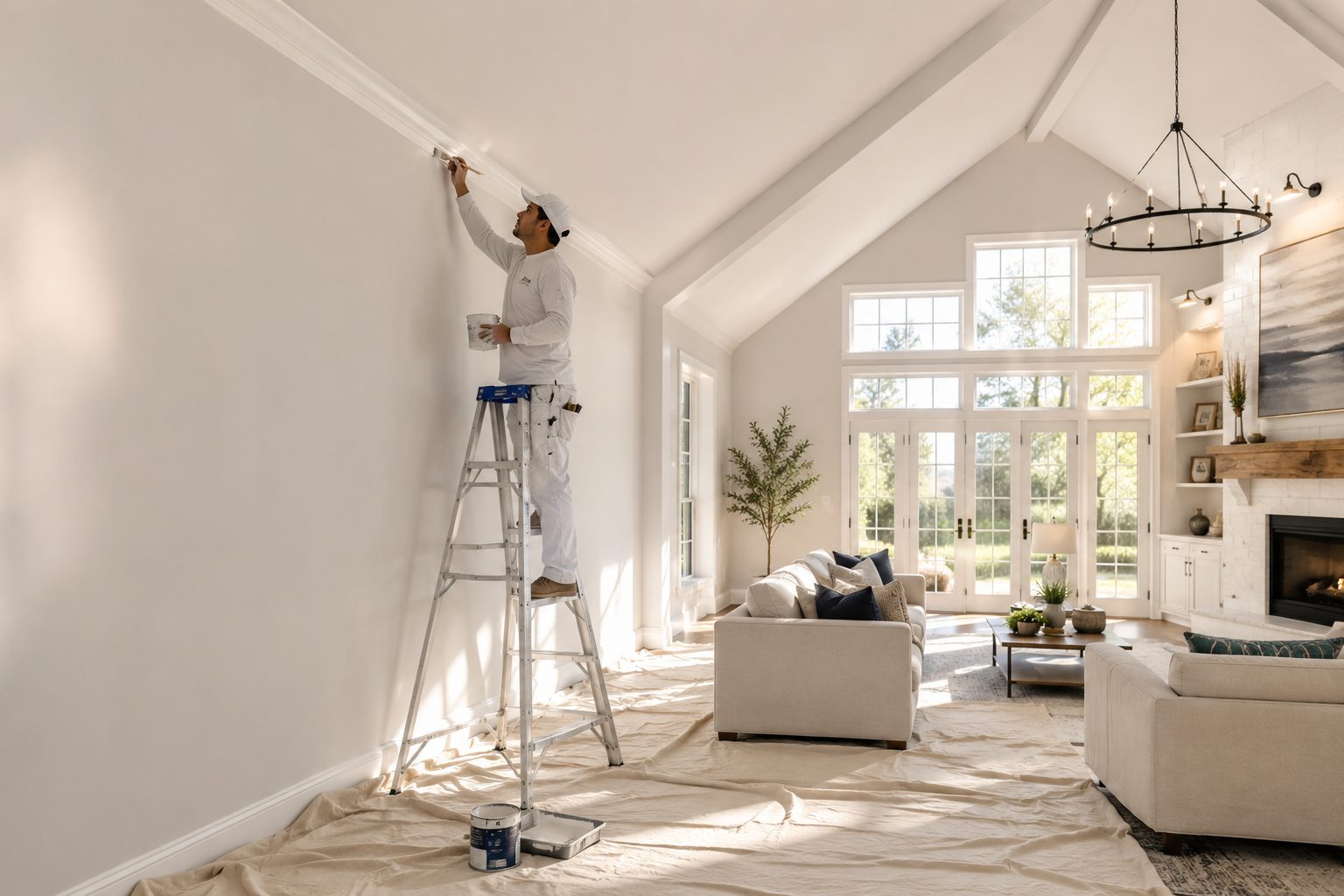 Painter on a ladder cutting in crown molding in a bright vaulted living room