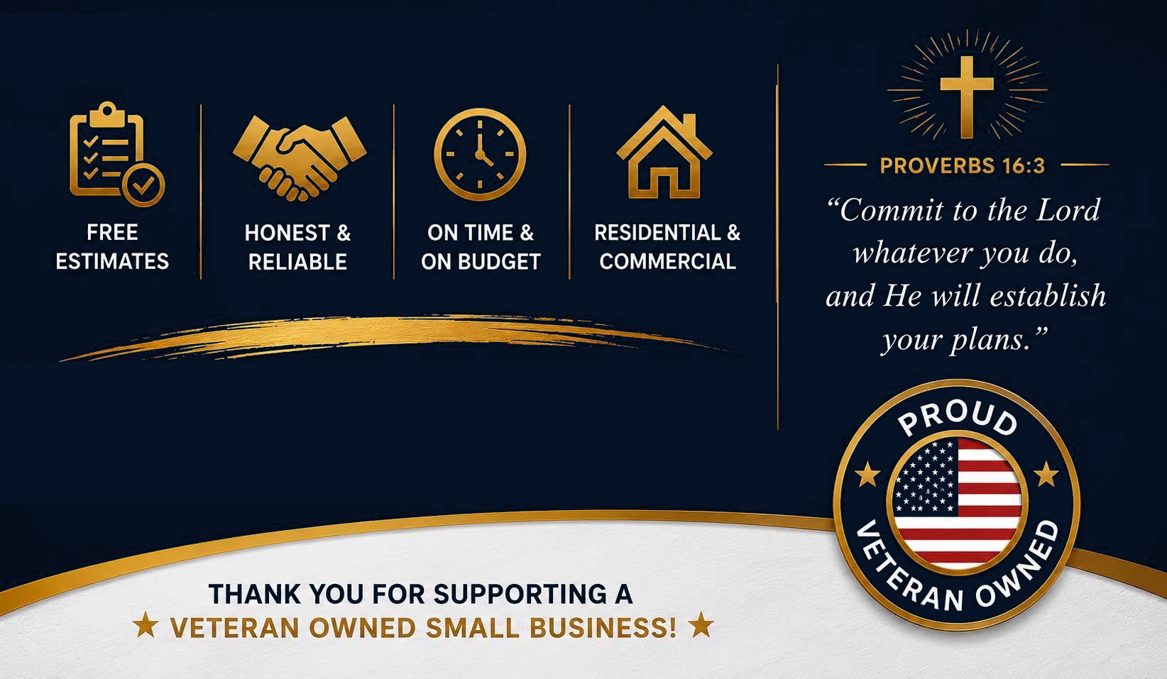 Free estimates, honest and reliable, on time and on budget, residential and commercial. Proud veteran owned small business. Proverbs 16:3.